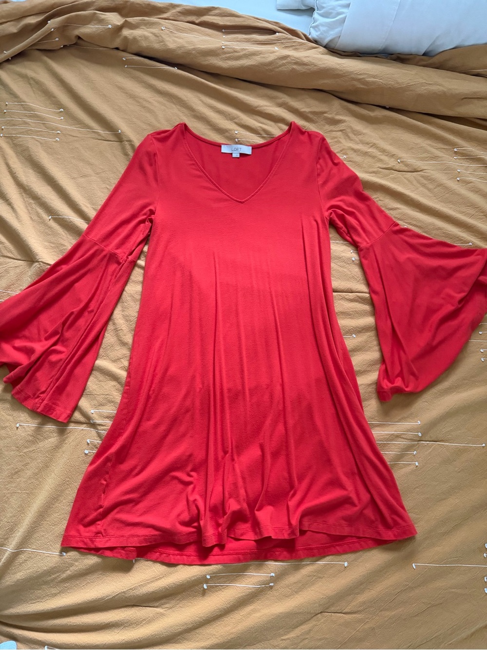 LOFT Red-Orange Long Sleeve Bell-Sleeve Dress